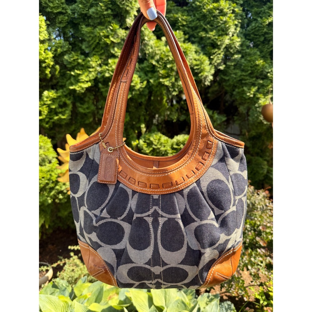 Coach Y2K Denim Ergo Pleated Tote  Leather Hobo Bag Tattersall 12751